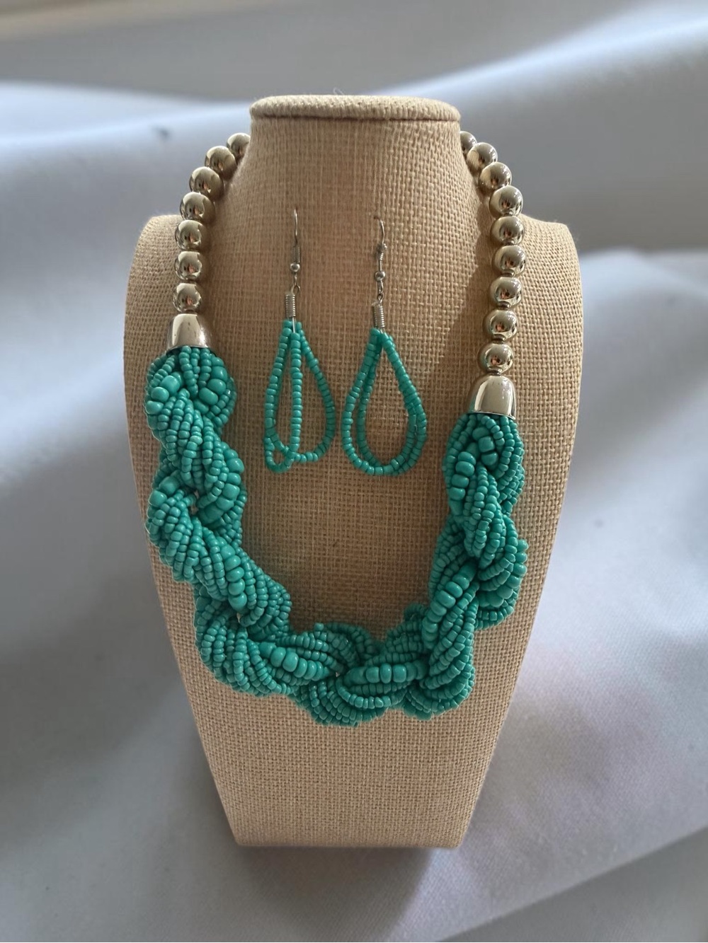 Turquoise Beaded Braided Necklace & Earrings Set